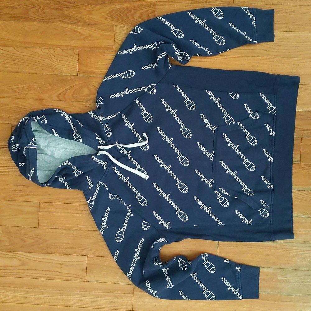 Champion Reverse Weave All Over Print Sweatshirt Hoodie Blue Size Large